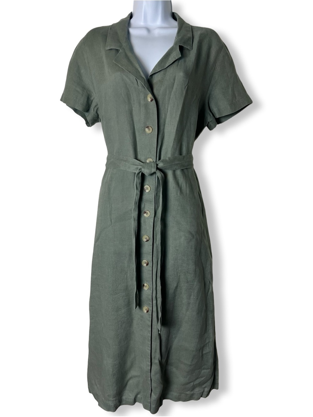 Quince Womens 100% European Linen Button Front Dress Light Cargo Olive Sz M
